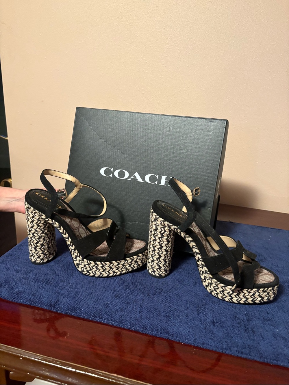 Coach Black Braided Platform Heels with Neutral Woven Detail